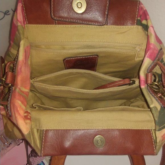 Fossil flower canvas/leather with wooden handle handbag - Picture 5 of 13